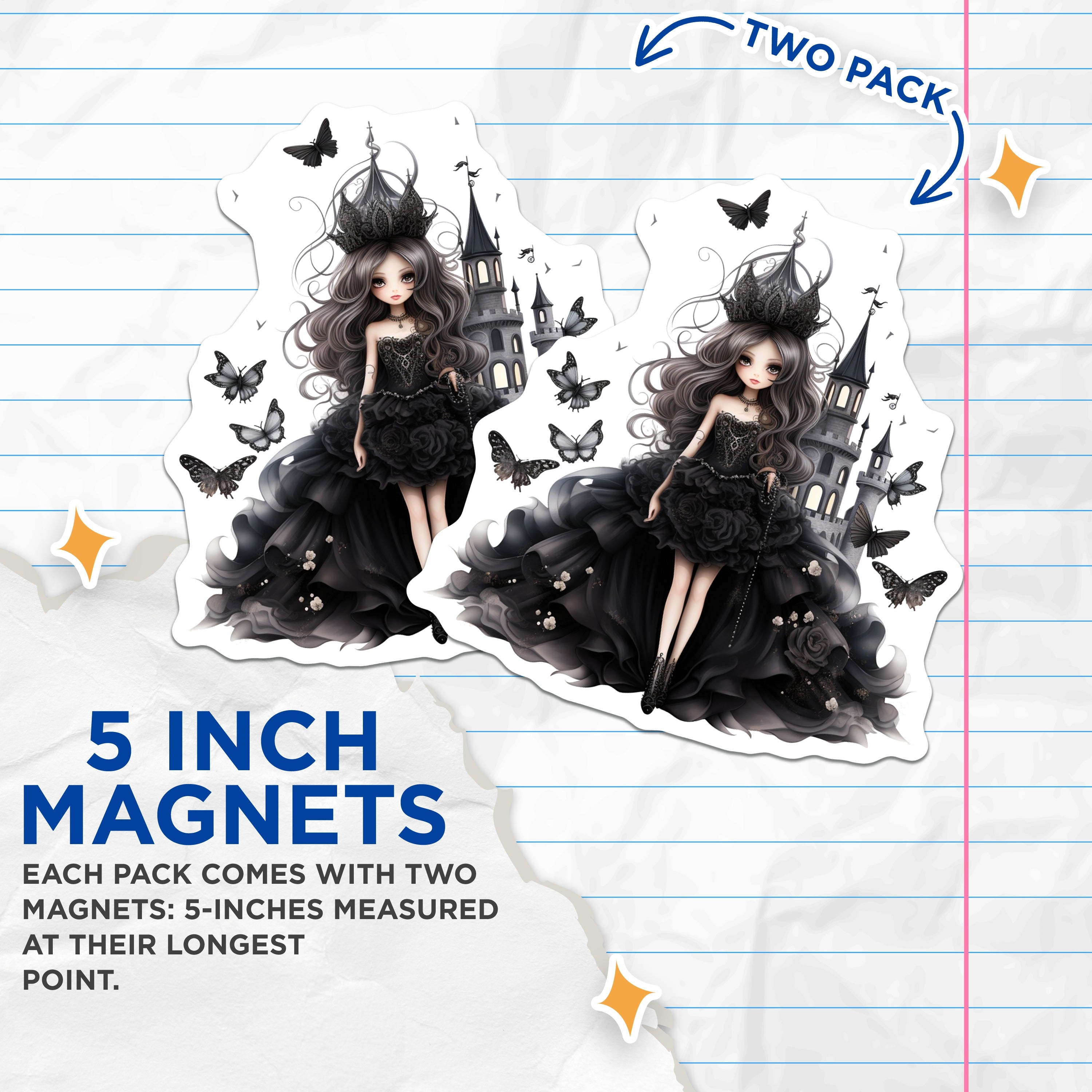 (2 Pack) Gothic Princess Magnets - Dark Fantasy Decor - Whimsigoth Fairycore Art - Alternative Castle Queen - 5 Inches On Longest Side - Thick Durable Magnet - Made in USA - MAG38193