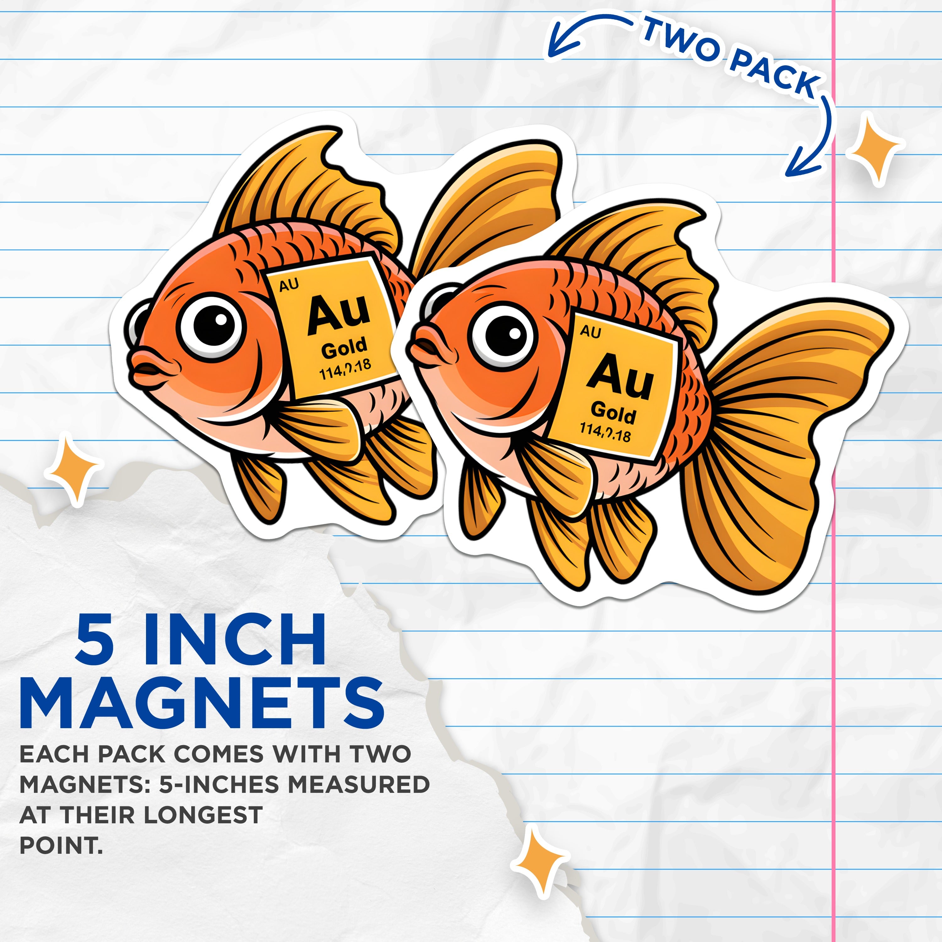 (2 Pack) Goldfish Au Gold Magnets - Science Teacher Decor - Chemist Student Cute Animal Pun Refrigerator Magnet - 5 Inches On Longest Side - Thick Durable Magnet - Made in USA - MAG36602