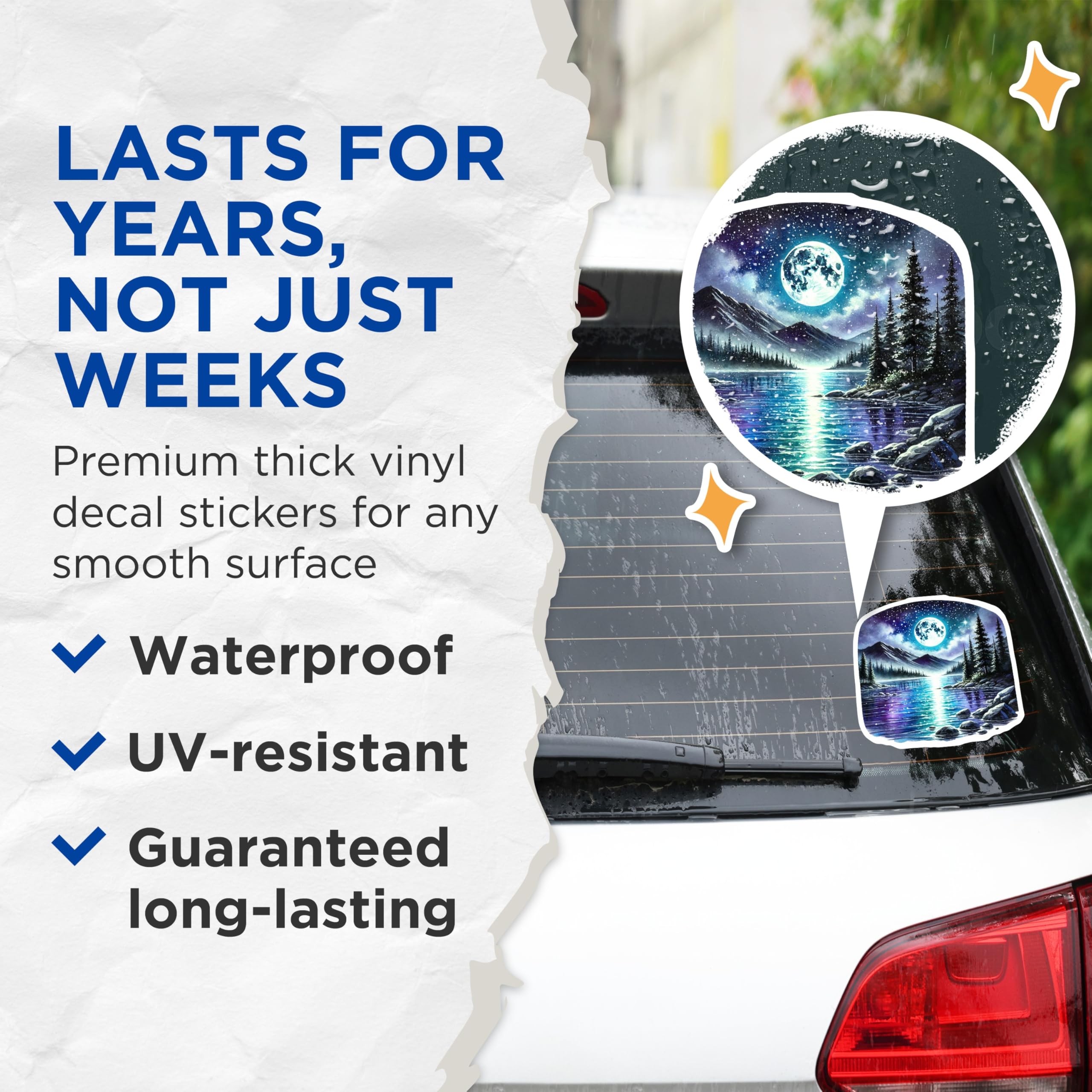 (2 Pack) Moon Lake Stickers - Night Sky Stickers - Celestial Art Stickers - 5" On Longest Side - Sticks to Smooth Flat Surfaces - Made in USA - BMCS18048