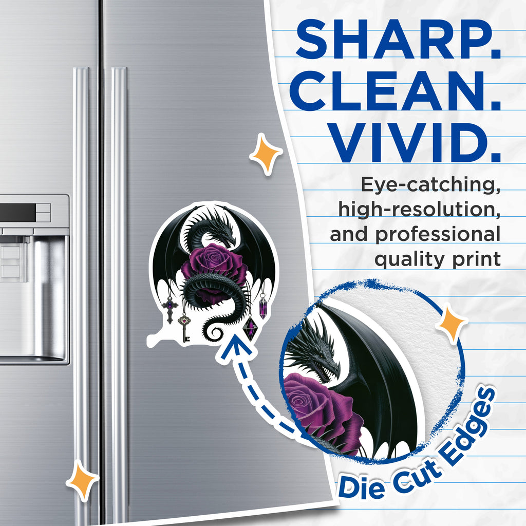(2 Pack) Dark Dragon Magnets - Gothic Purple Rose Decor - Mystical Fantasy Fridge Accents - Witchy Kitchen Decor - 5 Inches On Longest Side - Thick Durable Magnet - Made in USA - MAG37807