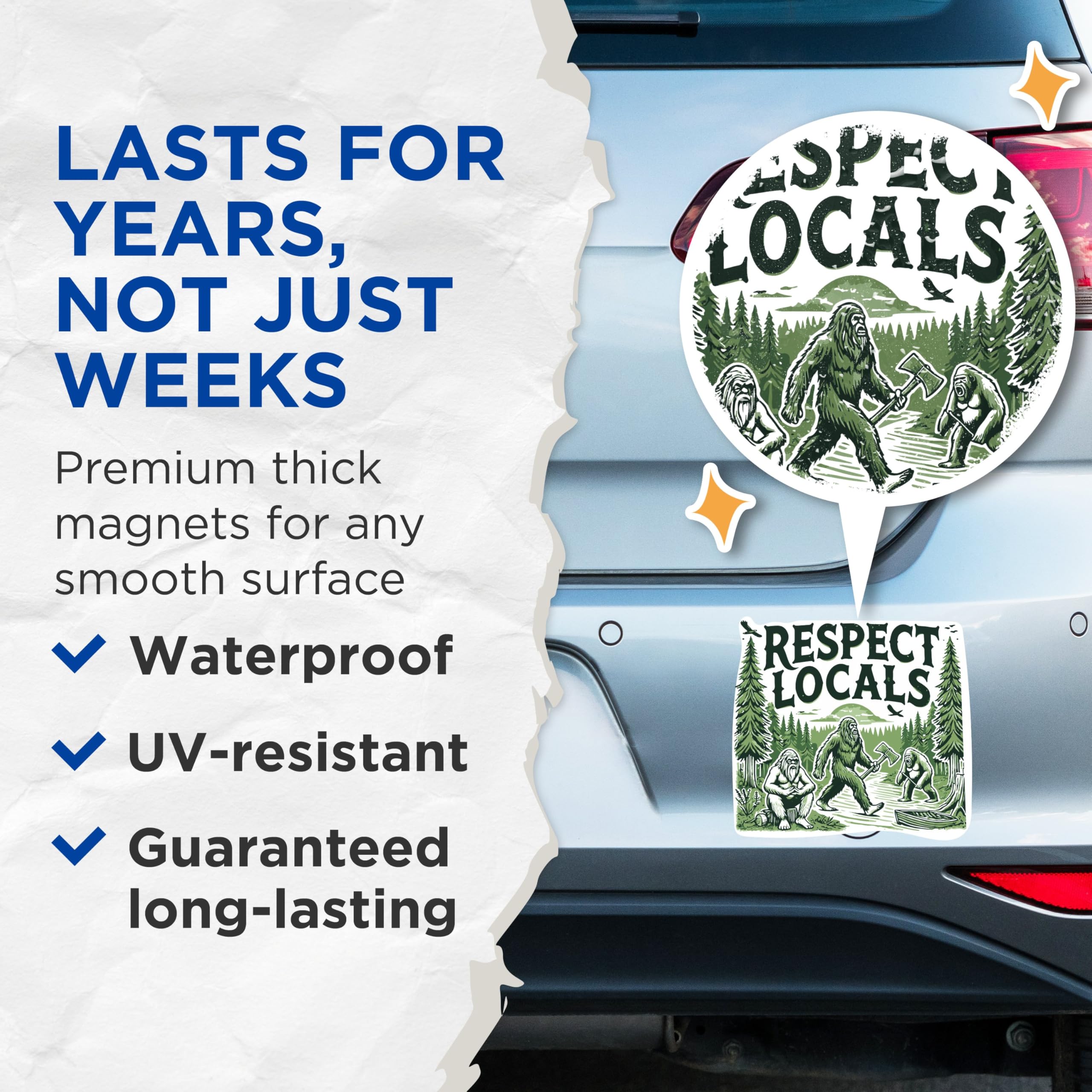 (2 Pack) Respect Locals Magnets - Funny Bigfoot Sasquatch Neanderthal Magnets - 5 Inches On Longest Side - Premium Magnet - for Cars, Refrigerators, Toolboxes - Made in USA - MAG2096