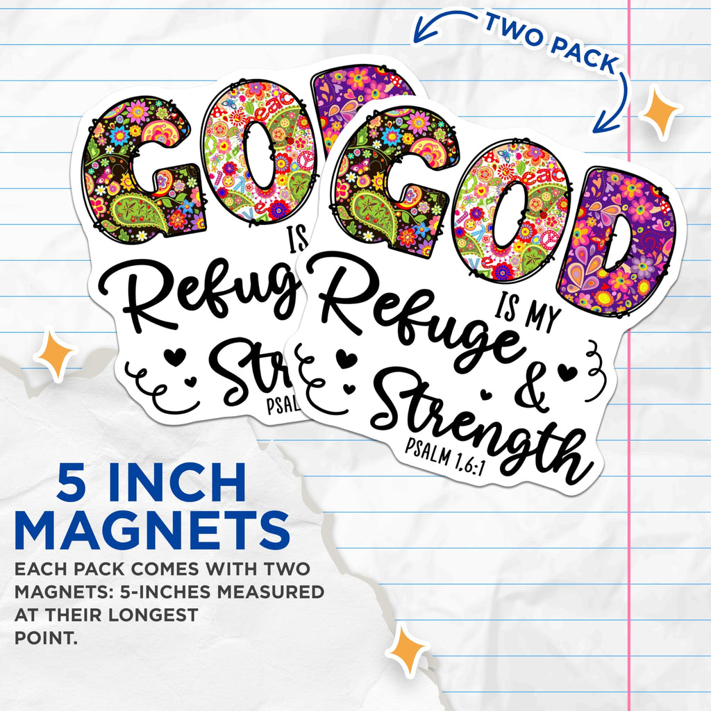 (2 Pack) God is My Refuge Strength Magnets - Inspirational Scripture - Christian Faith Decor - 5 Inches On Longest Side - Thick Durable Magnet - Made in USA - MAG27754
