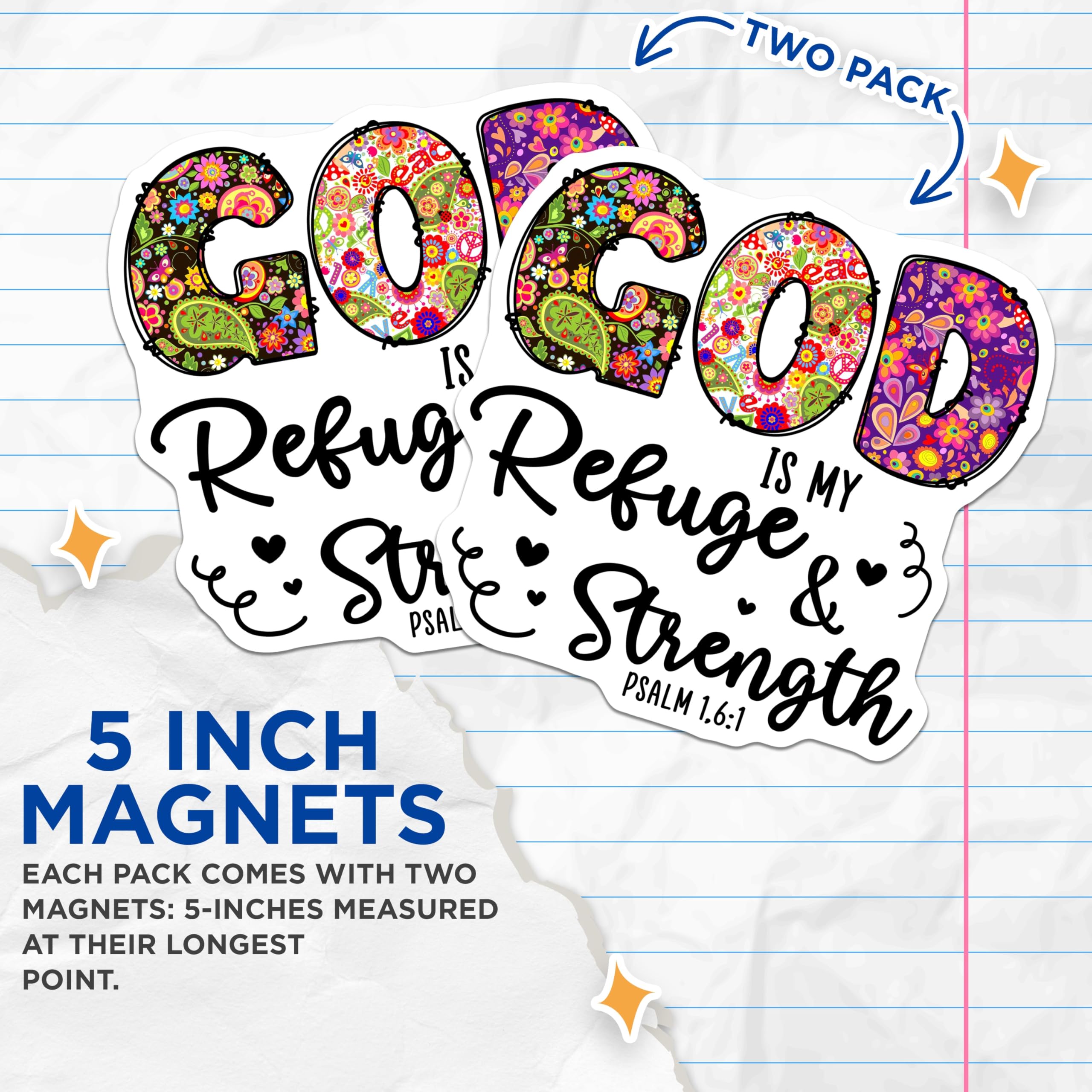 (2 Pack) God is My Refuge Strength Magnets - Inspirational Scripture - Christian Faith Decor - 5 Inches On Longest Side - Thick Durable Magnet - Made in USA - MAG27754