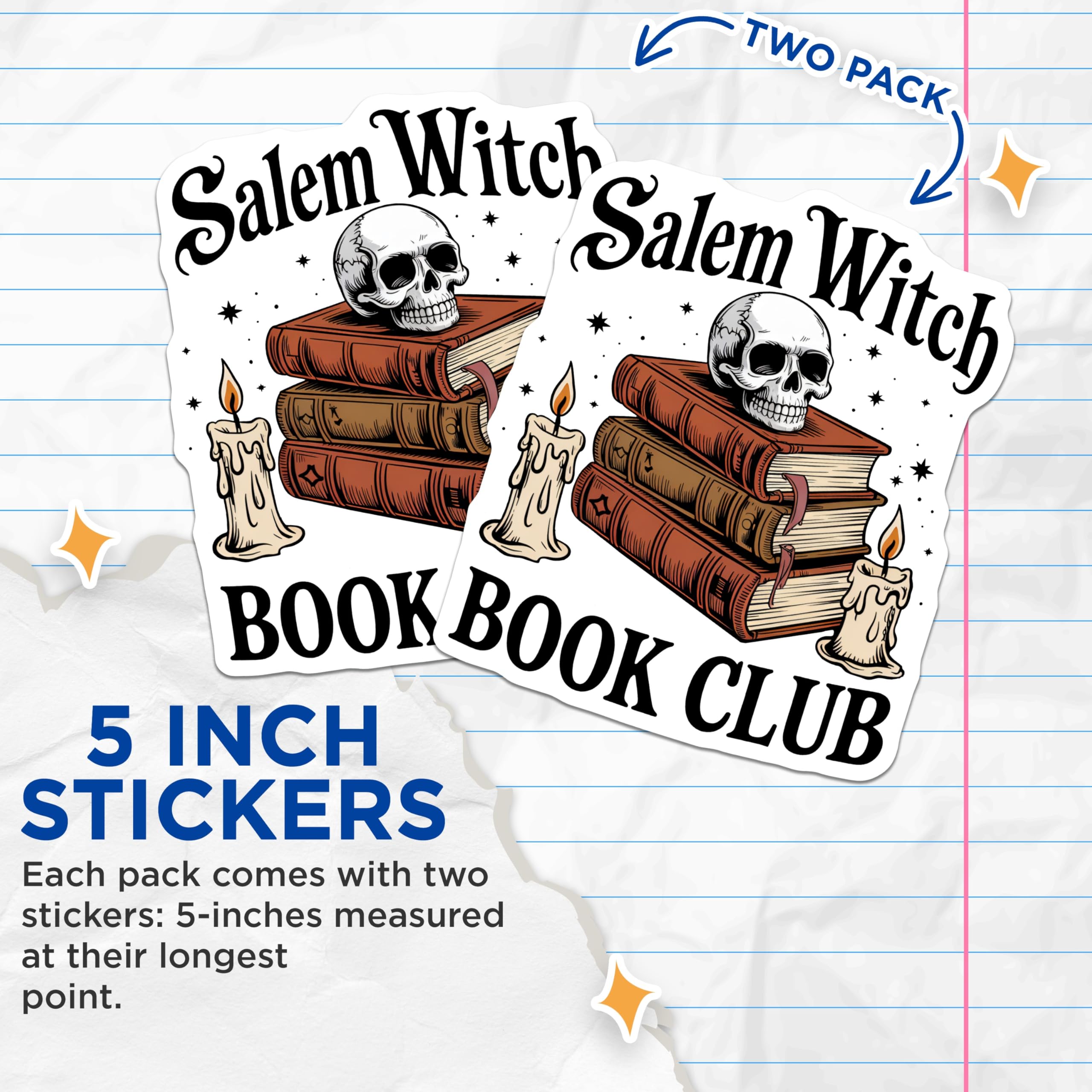(2 Pack) Salem Witch Stickers - Book Club Stickers - Occult Stickers - 5" On Longest Side - Sticks to Smooth Flat Surfaces - Made in USA - BMCS18733