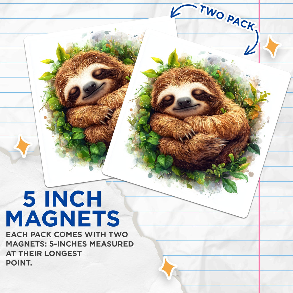 (2 Pack) Sloth Magnets - Cute Sleeping Sloth - Peaceful Jungle Animal Art - Whimsical Nature Decor - Animal Lover - 5 Inches On Longest Side - Thick Durable Magnet - Made in USA - MAG23651