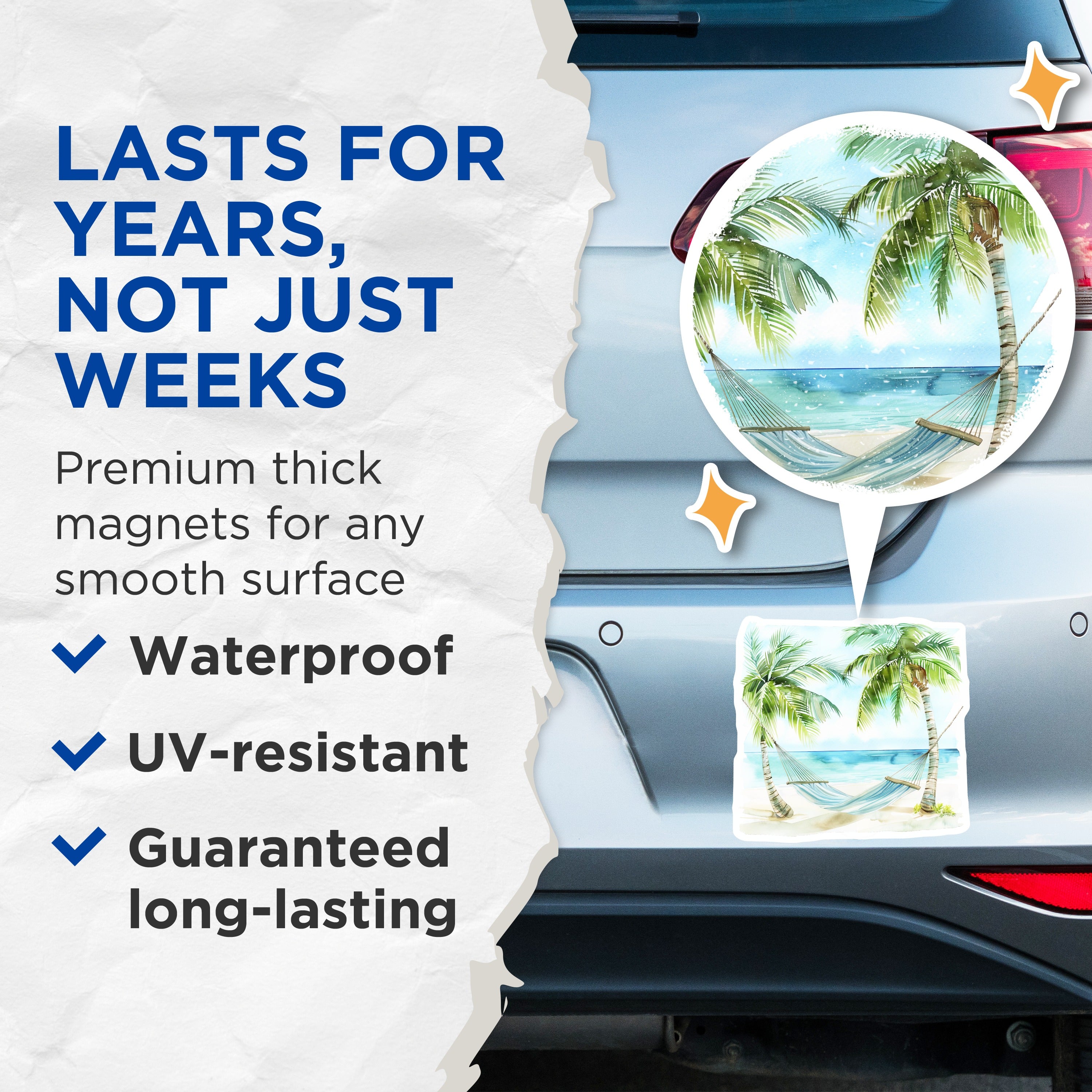 (2 Pack) Tropical Beach Hammock Magnets - Watercolor Palm Tree Scene - Coastal Ocean Decor - Summer Relax Vibe - 5 Inches On Longest Side - Thick Durable Magnet - Made in USA - MAG39081