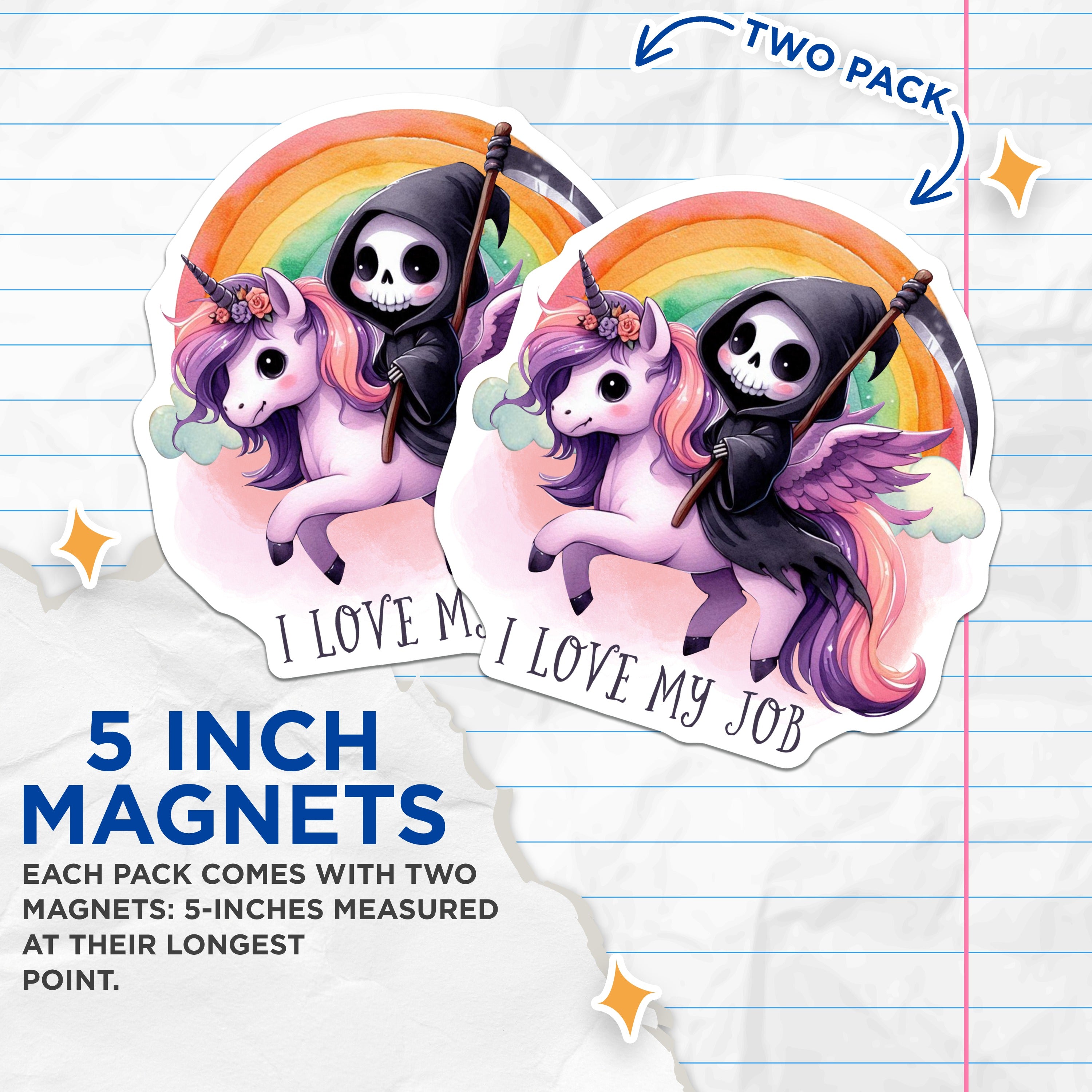 (2 Pack) Cute Grim Reaper Magnets - Unicorn Rainbow Pastel Goth Decor - Funny Work Sarcastic Quote Refrigerator Magnet - 5 Inches On Longest Side - Thick Durable Magnet - Made in USA - MAG37637