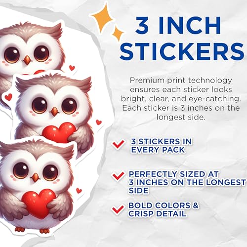 (3 Pack) Owl Holding Heart Decals - Cute Animal Stickers - Laptop Decals - 3 Inches On Longest Side - Easy Peel & Apply - Made in USA - 3MCS2451