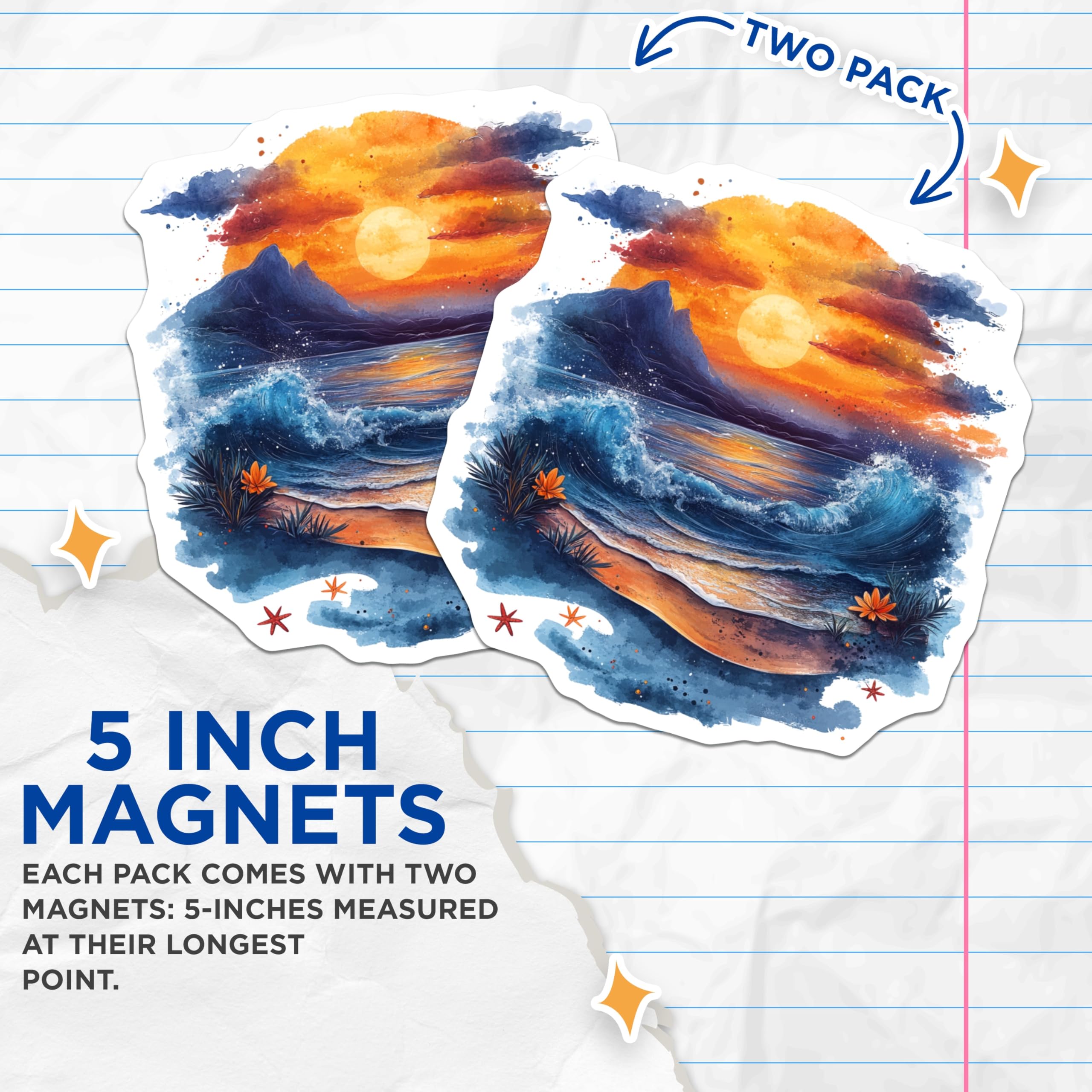(2 Pack) Watercolor Ocean Magnets - Beach Sunset Aesthetic - Coastal Fridge Decor - 5 Inches On Longest Side - Thick Durable Magnet - Made in USA - MAG27769