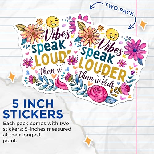 (2 Pack) Vibes Speak Louder Stickers - Inspirational Quote - Floral Design Sticker for Laptop Water Bottle - 5" On Longest Side - Sticks to Smooth Flat Surfaces - Made in USA - BMCS4330