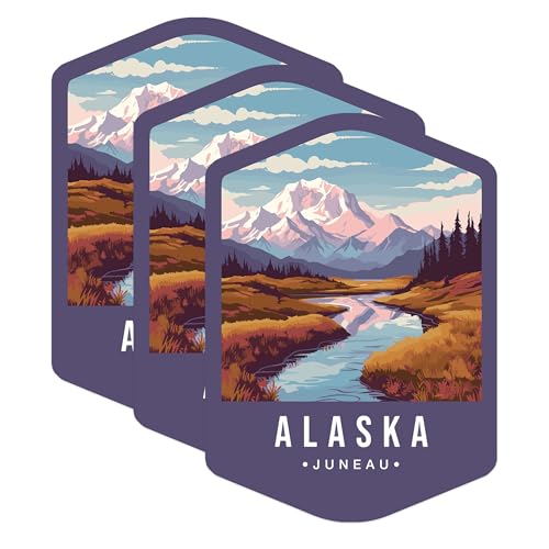 (3 Pack) Alaska Decals - Mountain River Art - Juneau Laptop Decal - 3 Inches On Longest Side - Easy Peel & Apply - Made in USA - 3MCS0343