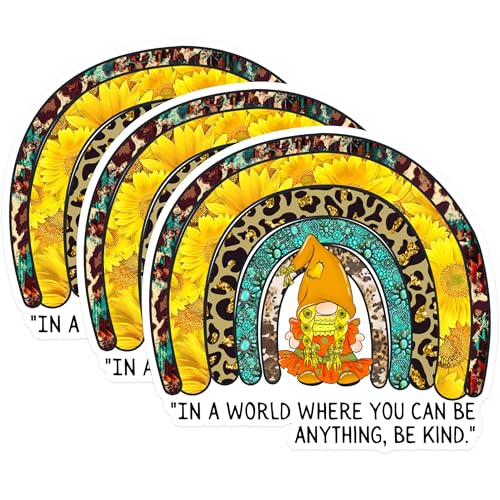 (3 Pack) Gnome Rainbow Decals - Sunflower Leopard Turquoise - Kind Quote Laptop Decal - 3 Inches On Longest Side - Easy Peel & Apply - Made in USA - 3MCS1356