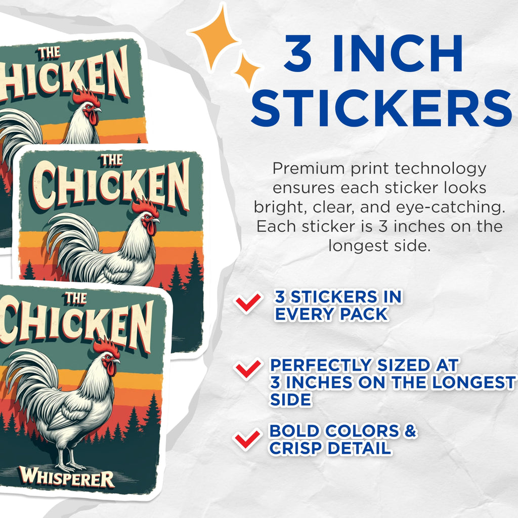 (3 Pack) Chicken Whisperer Decals - Rooster Decals - Funny Chicken Laptop Decal - 3 Inches On Longest Side - Easy Peel & Apply - Made in USA - 3MCS1857