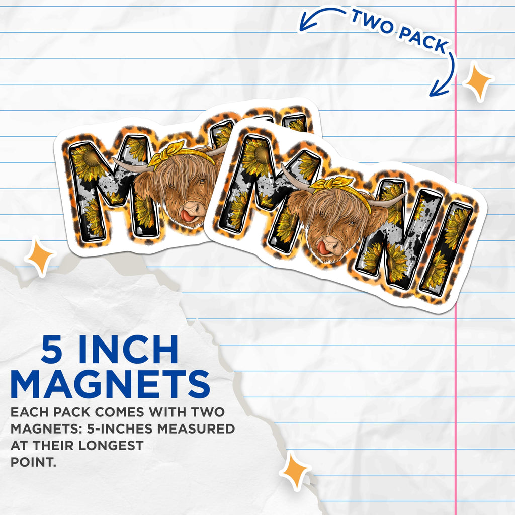 (2 Pack) Highland Cow MOM Magnets - Rustic Sunflower Farmhouse Kitchen Decor - Country Mama Animal Print Accents - 5 Inches On Longest Side - Thick Durable Magnet - Made in USA - MAG23853