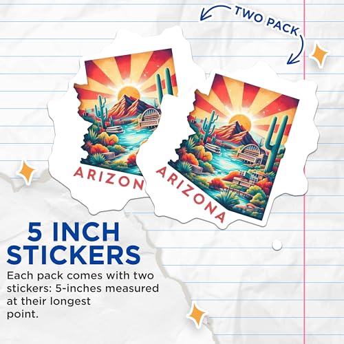 (2 Pack) Arizona State Stickers - Colorful Arizona Landscape Decals - Arizona Travel Souvenir Stickers - 5" On Longest Side - Sticks to Smooth Flat Surfaces - Made in USA - BMCS4759