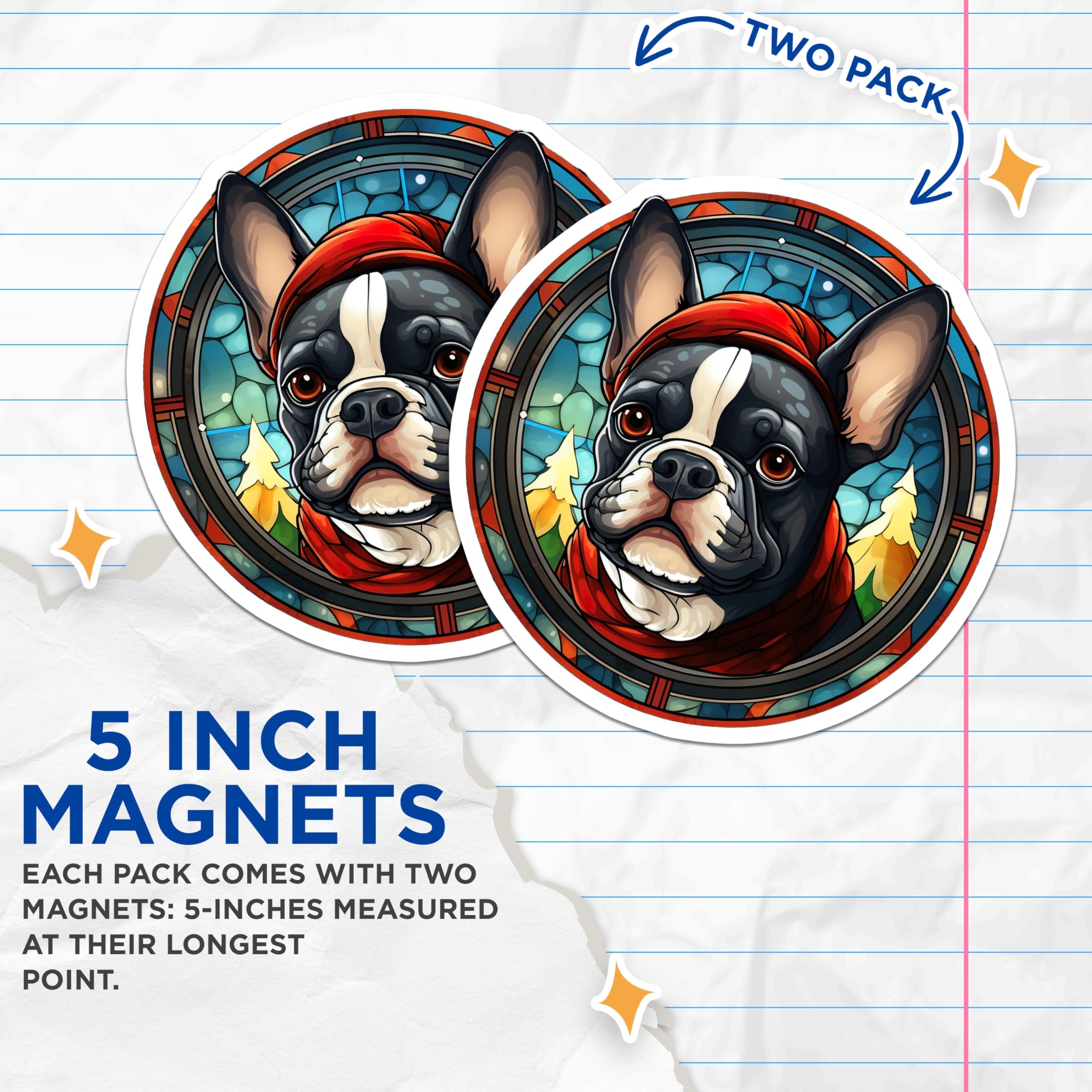 (2 Pack) French Bulldog Magnets - Stained Glass Style Holiday Dog - Christmas Winter Decor - Pet Lover Refrigerator Art - 5 Inches On Longest Side - Thick Durable Magnet - Made in USA - MAG27762