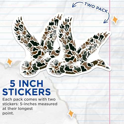 (2 Pack) Duck Hunting Stickers - Camouflage Duck Decals - Outdoor Enthusiasts - Wildlife Lovers - 5" On Longest Side - Sticks to Smooth Flat Surfaces - Made in USA - BMCS6043