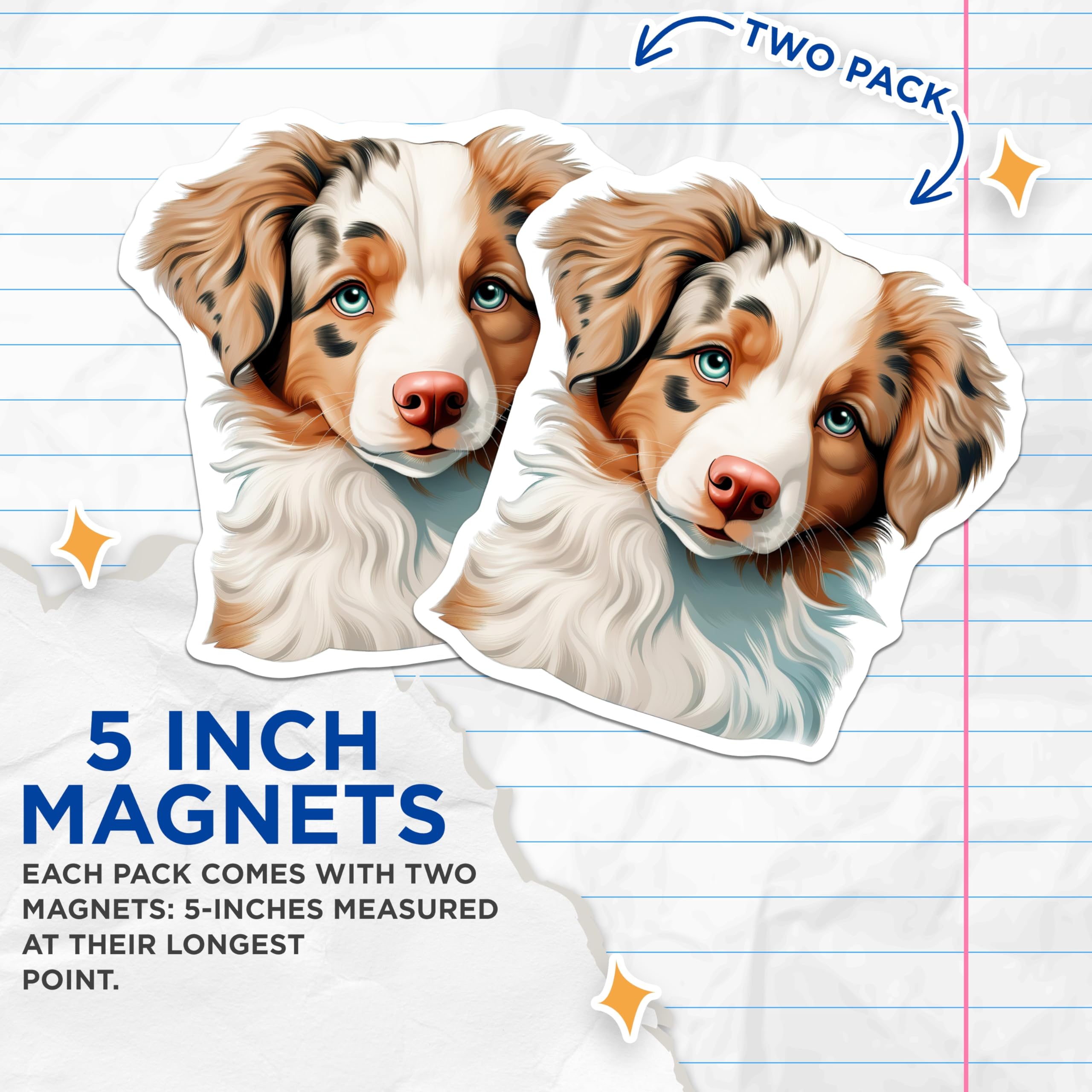 (2 Pack) Australian Shepherd Magnets - Blue Eye Puppy Decor - Merle Aussie Pet Lover - 5 Inches On Longest Side - Thick Durable Magnet - Made in USA - MAG27086