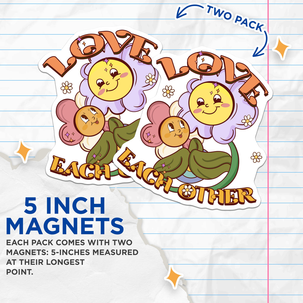 (2 Pack) Love Each Other Magnets - Groovy Flower Power - Hippie Aesthetic Fridge Locker Decor - 5 Inches On Longest Side - Thick Durable Magnet - Made in USA - MAG36369