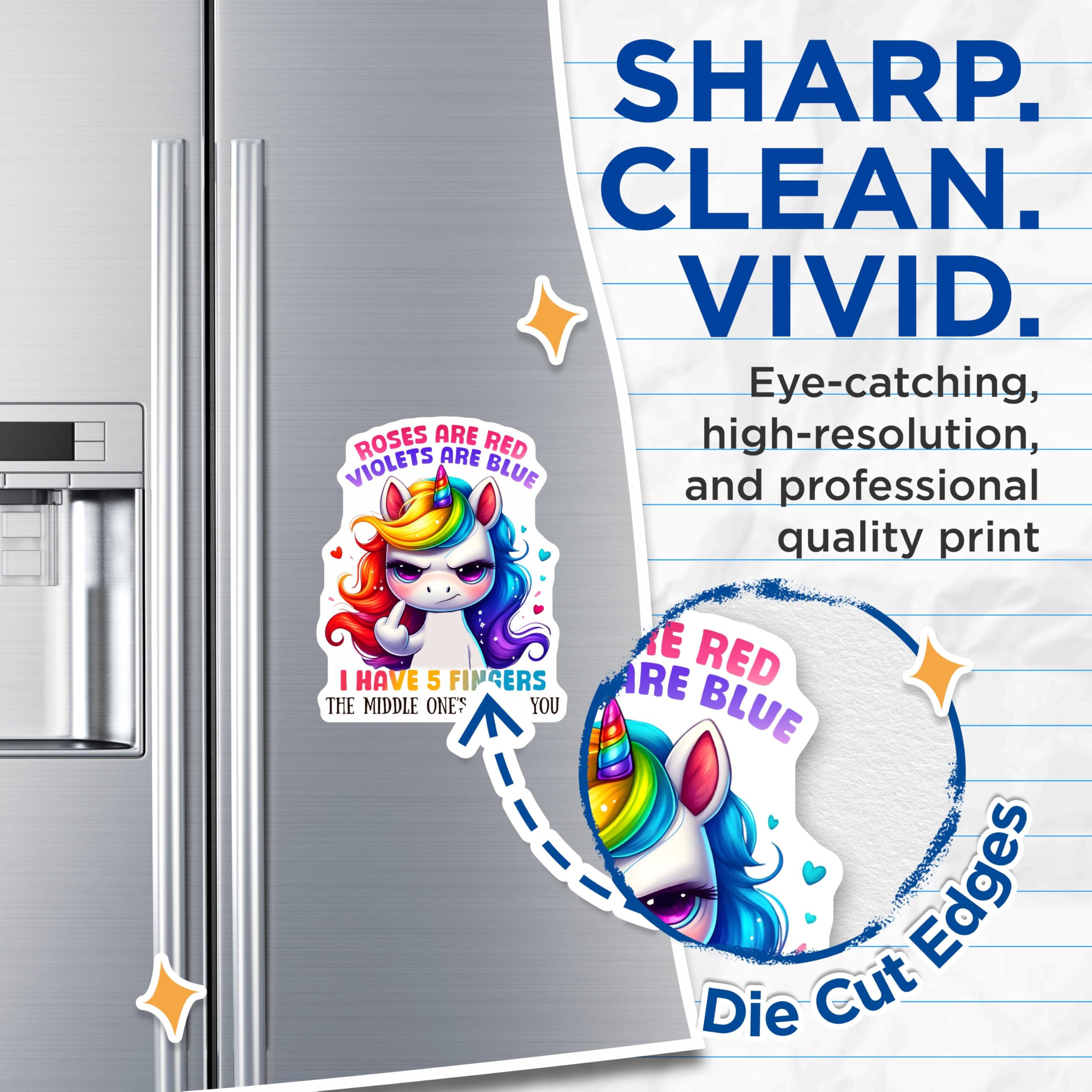 (2 Pack) Funny Unicorn Quote Magnets - Middle Finger Unicorn Magnets - Roses are Red Violets are Blue Magnets - 5" On Longest Side - for Cars, Refrigerators, Toolboxes, Lockers - Made in USA BMCS3345