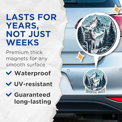 (2 Pack) Adventure Awaits Magnets - Hiking Mountain Magnets - Outdoorsy Magnets - 5" On Longest Side - for Cars, Refrigerators, Toolboxes, Lockers - Made in USA BMCS3264