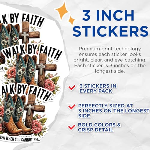 (3 Pack) Walk by Faith Decals - Cowboy Boots Cross - Inspirational Christian Decal - 3 Inches On Longest Side - Easy Peel & Apply - Made in USA - 3MCS1632