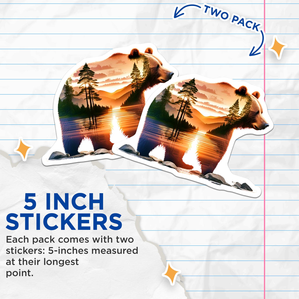 (2 Pack) Bear Stickers - Mountain Scenery Decals - Nature Lover Art- 5" On Longest Side - Sticks to Smooth Flat Surfaces - Made in USA - BMCS16392