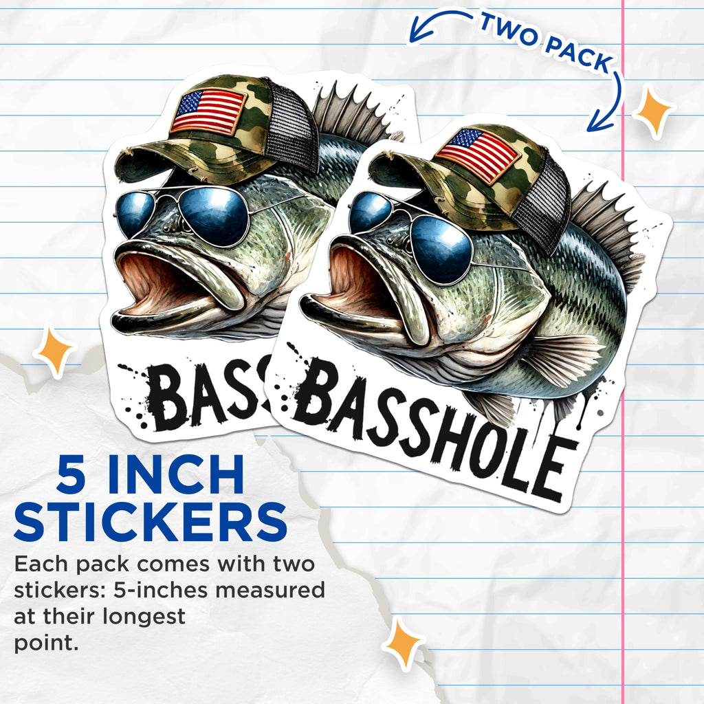 (2 Pack) Bass Fishing Stickers - Funny Fishing Meme - Outdoor Hobby Decal - 5" On Longest Side - Sticks to Smooth Flat Surfaces - Made in USA - BMCS9854