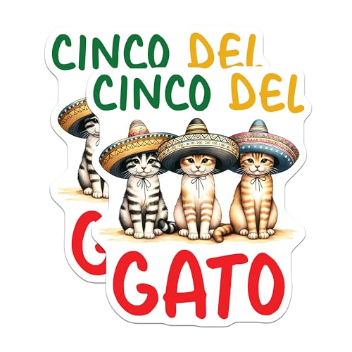 (2 Pack) Cinco Del Gato Stickers - Cute Cat Sticker - Sombrero Cat Sticker - 5" On Longest Side - Sticks to Smooth Flat Surfaces - Made in USA - BMCS9759