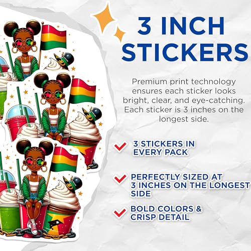 (3 Pack) Afro Girl Decals - Ghana Flag Stickers - Laptop Decals - 3 Inches On Longest Side - Easy Peel & Apply - Made in USA - 3MCS6118