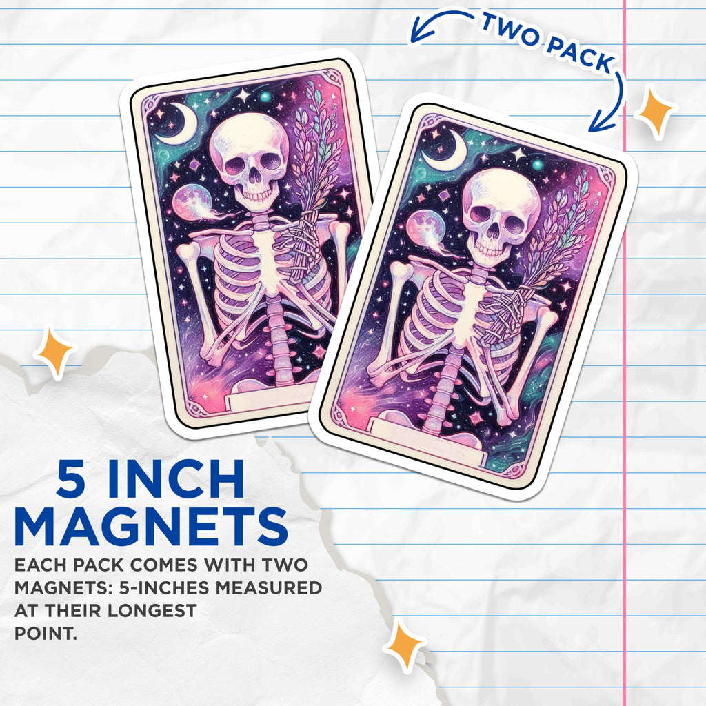 (2 Pack) Cosmic Skeleton Magnets - Mystical Skull Moon Stars - Witchy Gothic Celestial Art - 5 Inches On Longest Side - Thick Durable Magnet - Made in USA - MAG22866