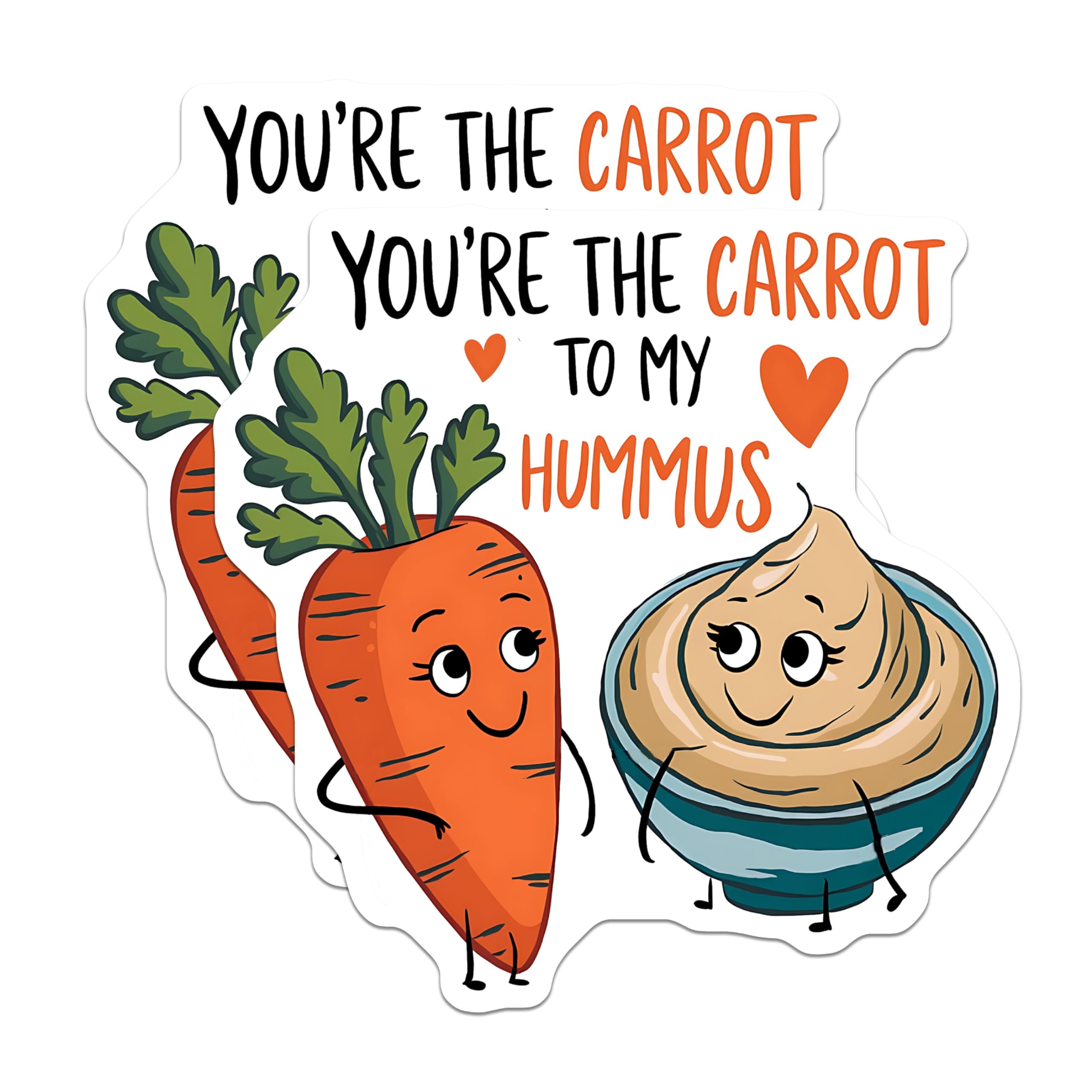 (2 Pack) Youre The Carrot to My Hummus Stickers - Funny Food Stickers - Cute Carrot and Hummus Sticker - 5" On Longest Side - Sticks to Smooth Flat Surfaces - Made in USA - BMCS4806