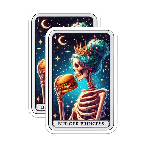 (2 Pack) Skeleton Eating Burger Stickers - Burger Lover Decal - Goth Aesthetic Food Stickers - 5" On Longest Side - Sticks to Smooth Flat Surfaces - Made in USA - BMCS4796