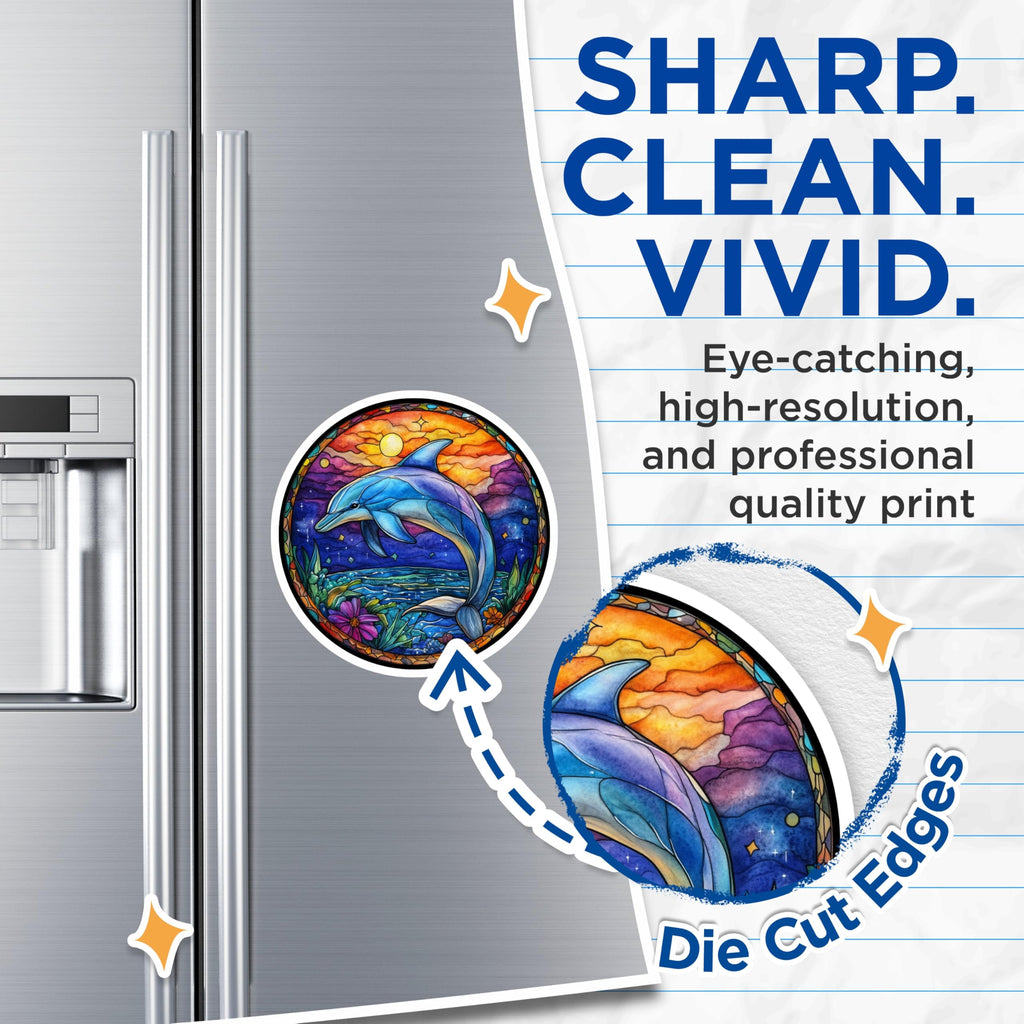 (2 Pack) Dolphin Stained Glass Magnets - Ocean Animal Decor - Sea Life Fridge Art - 5 Inches On Longest Side - Thick Durable Magnet - Made in USA - MAG25796