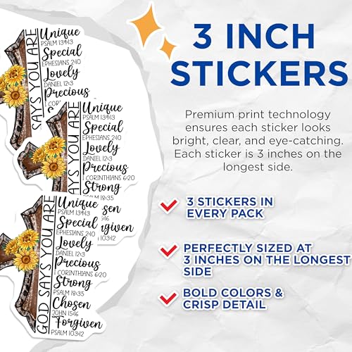 (3 Pack) Christian Decals - Sunflower Cross - Inspirational Religious Verse - 3 Inches On Longest Side - Easy Peel & Apply - Made in USA - 3MCS2971