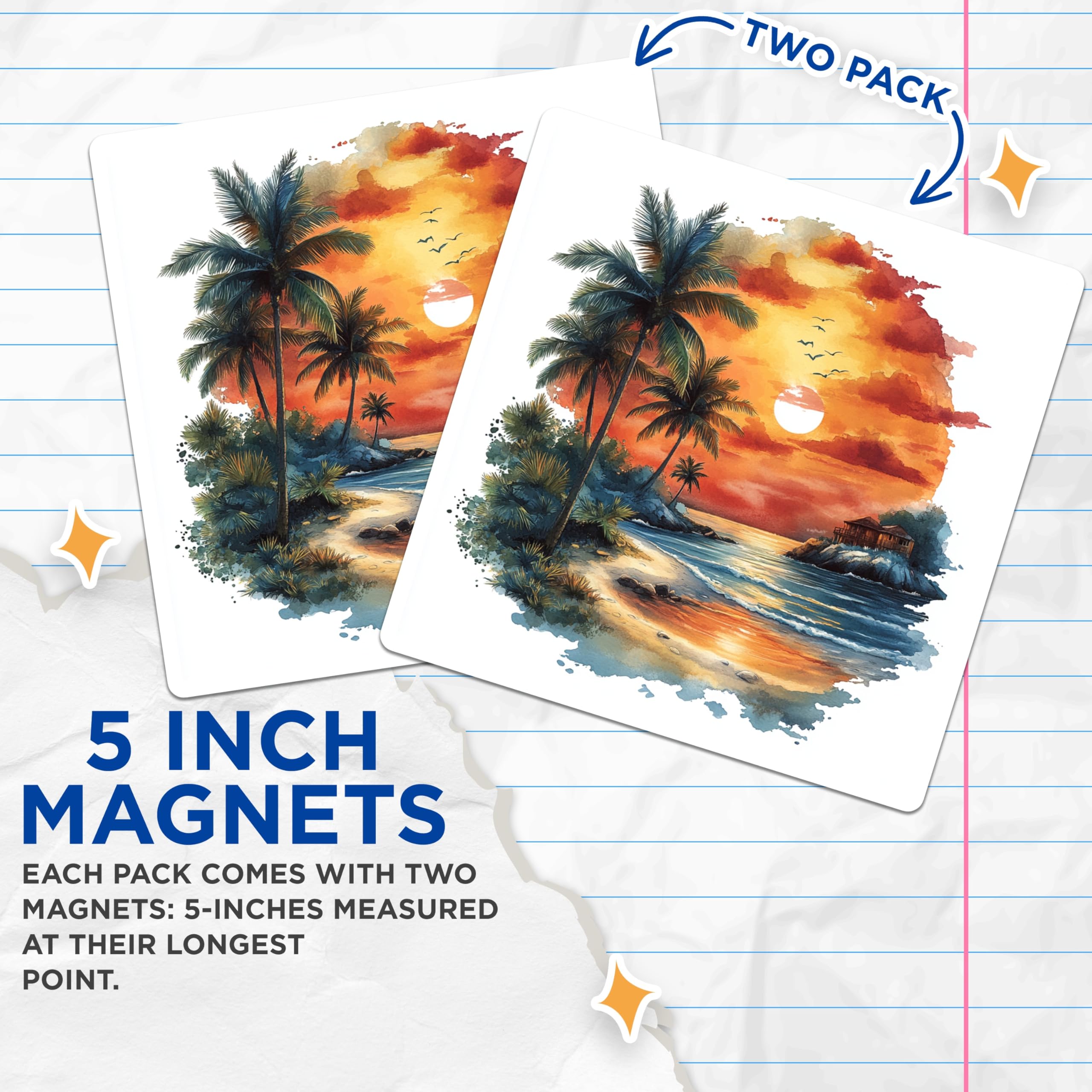 (2 Pack) Tropical Sunset Magnets - Watercolor Beach Art - Coastal Palm Tree Decor Island View - 5 Inches On Longest Side - Thick Durable Magnet - Made in USA - MAG28141