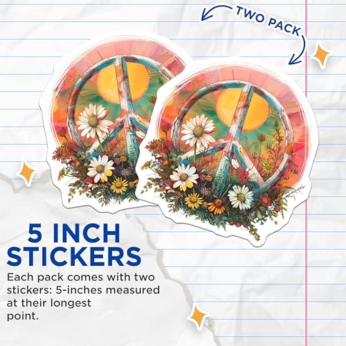 (2 Pack) Peace Sign Flowers Stickers - Floral Peace Symbol - Psychedelic Retro Sticker Art - 5" On Longest Side - Sticks to Smooth Flat Surfaces - Made in USA - BMCS8867