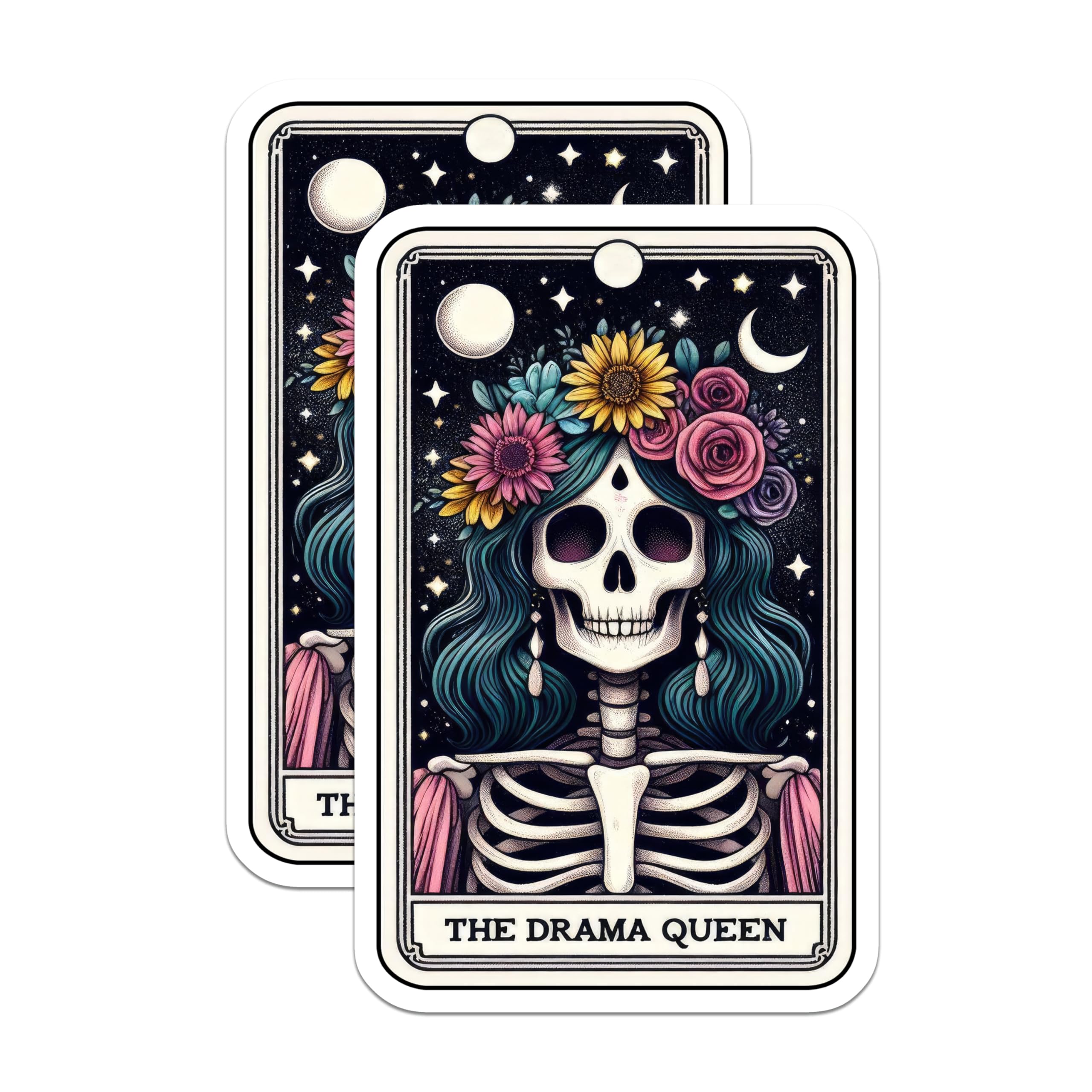 (2 Pack) The Drama Queen Skeleton Magnets - Floral Crown Skull Tarot Card Artwork - Mystical Witchy Refrigerator Decor - 5 Inches On Longest Side - Thick Durable Magnet - Made in USA - MAG22326