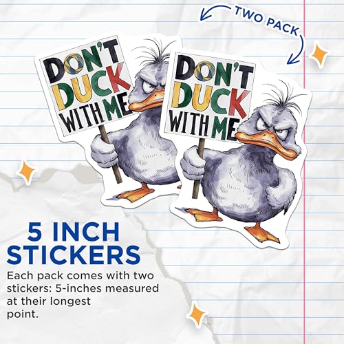 (2 Pack) Funny Duck Stickers - Humorous Animal Decals - Cartoon Duck Art - 5" On Longest Side - Sticks to Smooth Flat Surfaces - Made in USA - BMCS8546