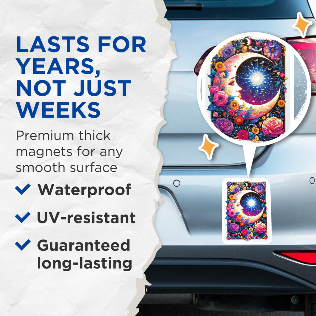 (2 Pack) Enchanting Moon Face Magnets - Vibrant Psychedelic Floral Art - Celestial Bohemian Kitchen Fridge Magnets - 5 Inches On Longest Side - Thick Durable Magnet - Made in USA - MAG20232