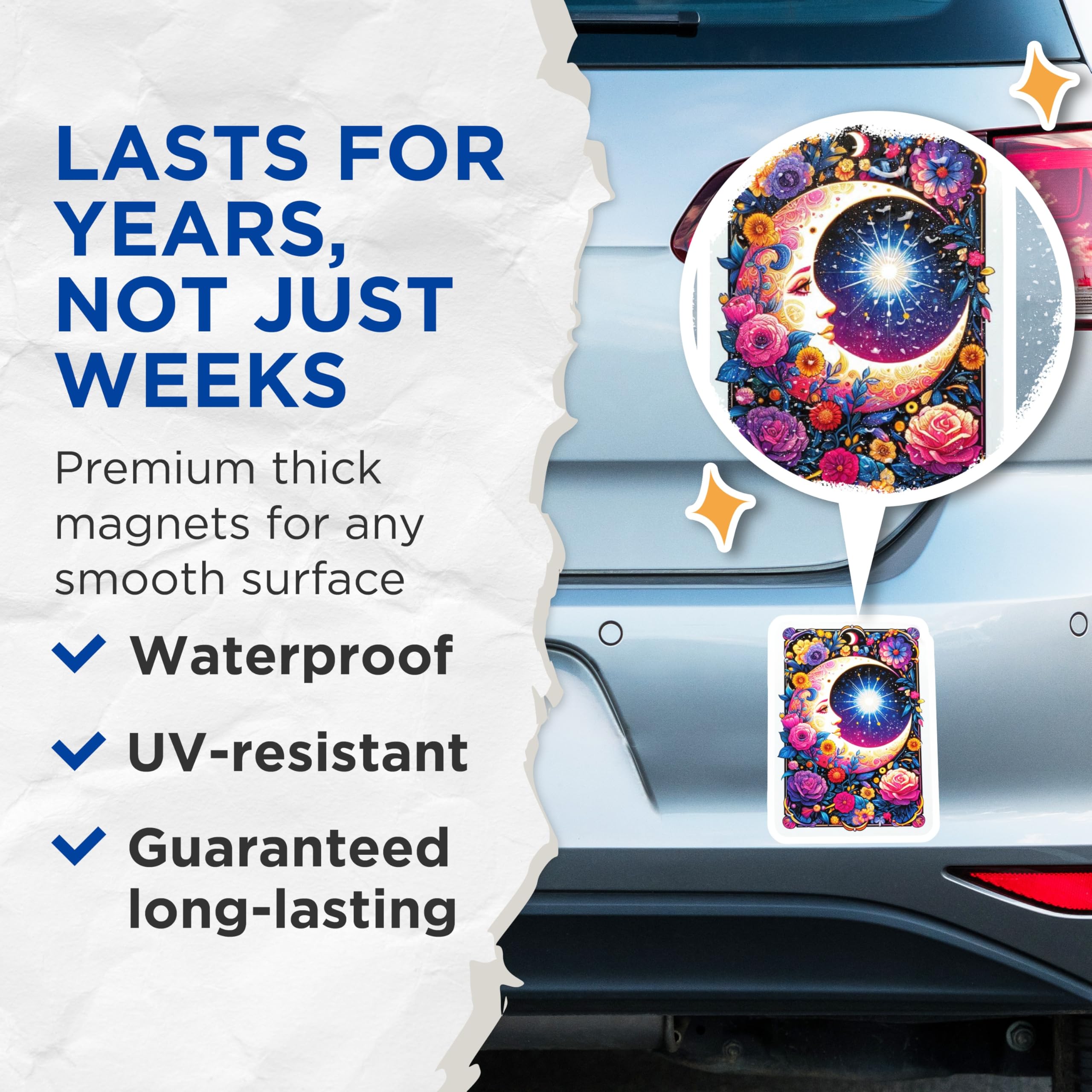 (2 Pack) Enchanting Moon Face Magnets - Vibrant Psychedelic Floral Art - Celestial Bohemian Kitchen Fridge Magnets - 5 Inches On Longest Side - Thick Durable Magnet - Made in USA - MAG20232