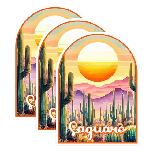 (3 Pack) Saguaro Cactus Decals - Desert Sunset - Arizona Laptop Decals - 3 Inches On Longest Side - Easy Peel & Apply - Made in USA - 3MCS0423