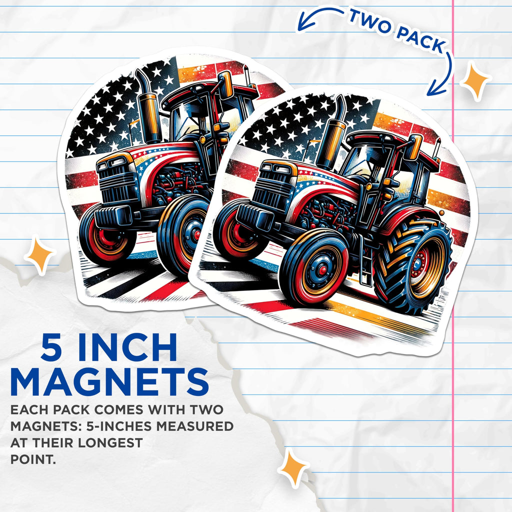 (2 Pack) Tractor Magnets - American Flag Farm Decor - Patriotic Refrigerator Magnets - 5" On Longest Side - Premium Magnet - for Cars, Refrigerators, Toolboxes, Lockers - Made in USA - MAG15420