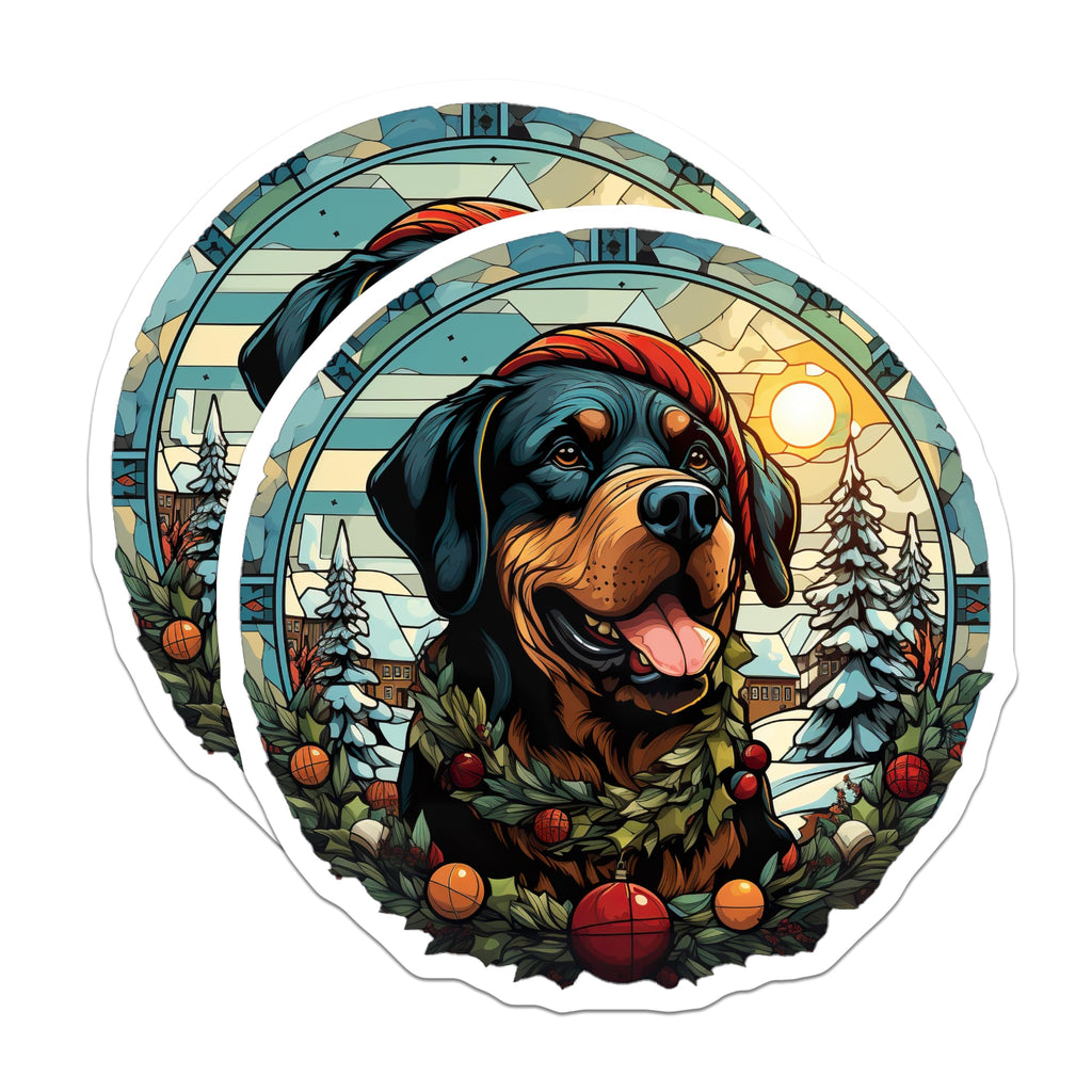 (2 Pack) Rottweiler Christmas Magnets - Stained Glass Winter Dog - Festive Holiday Pet Decor - 5 Inches On Longest Side - Thick Durable Magnet - Made in USA - MAG24852