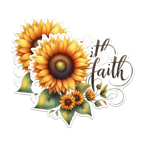 (2 Pack) Sunflower Faith Stickers - Inspirational Sunflower Stickers - Motivational Sunflower Faith Stickers - 5" On Longest Side - Sticks to Any Smooth Flat Surface - Made in USA - BMCS2558
