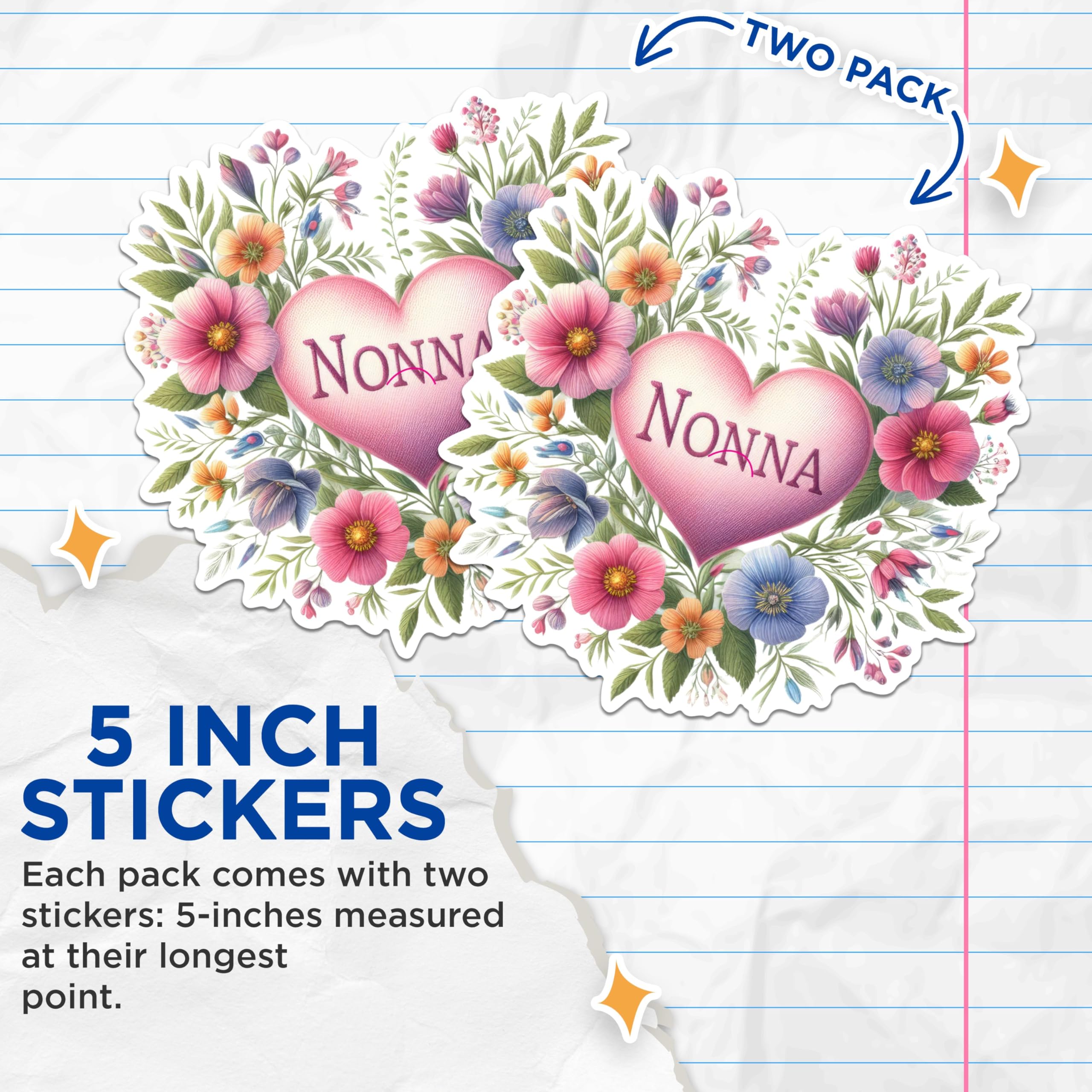 (2 Pack) Nonna Heart Stickers - Floral Design Stickers - Grandmother Gift Stickers - 5" On Longest Side - Sticks to Any Smooth Flat Surface - Made in USA - BMCS2891