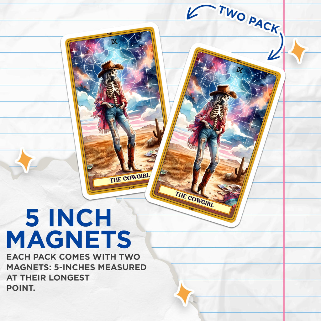 (2 Pack) Cosmic Cowgirl Skeleton Magnets - Mystical Western Aesthetic - Spiritual Desert Dreamscape - 5 Inches On Longest Side - Thick Durable Magnet - Made in USA - MAG21053