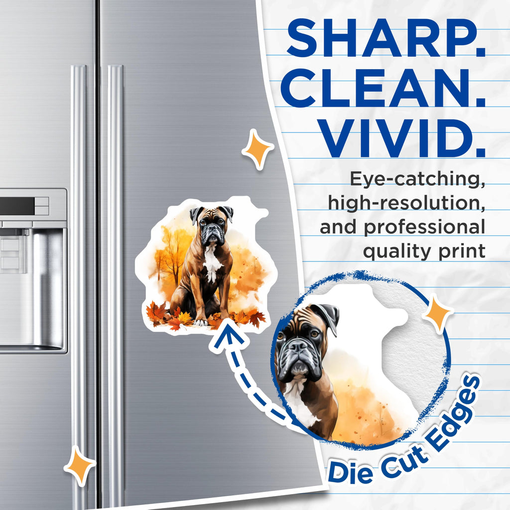 (2 Pack) Boxer Magnets - Autumn Pet Art for Refrigerator - Fall Leaves Animal Decor - Seasonal Dog Lover Display - 5 Inches On Longest Side - Thick Durable Magnet - Made in USA - MAG24475