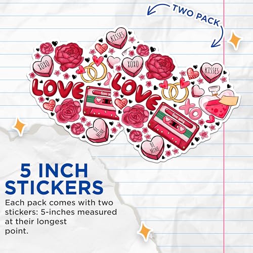 (2 Pack) Love Stickers - Heart Stickers - Valentines Stickers - Cute Romantic Stickers - 5" On Longest Side - Sticks to Any Smooth Flat Surface - Made in USA - BMCS3000