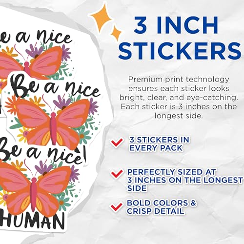 (3 Pack) Be A Nice Human Decals - Butterfly Flowers - Laptop Decals - 3 Inches On Longest Side - Easy Peel & Apply - Made in USA - 3MCS7358